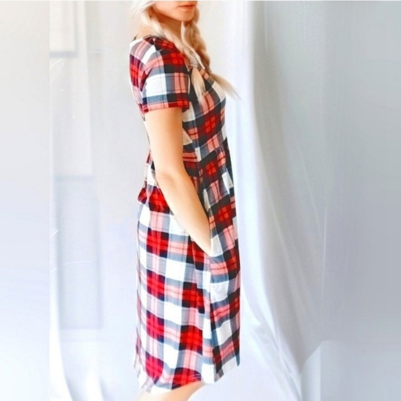 NWT Honeyuppy Plaid Fit-and-Flare Midi Dress Pockets Red Blue White S - Picture 3 of 5